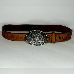 Justin Girls' Trophy Heart Western Belt In Aged Bark Leather with A Buckle 32